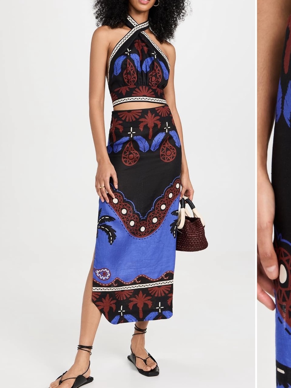 Johanna Ortiz Black, Blue & Brown Printed Midi Skirt